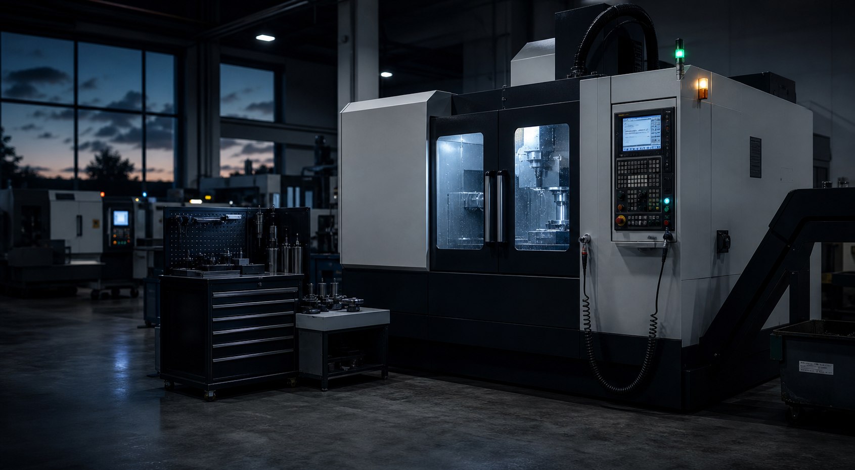 Modern bir CNC işleme tezgâhının bulunduğu üretim sahası